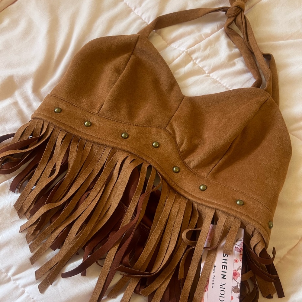 SHEIN Tan Fringe Halter Top